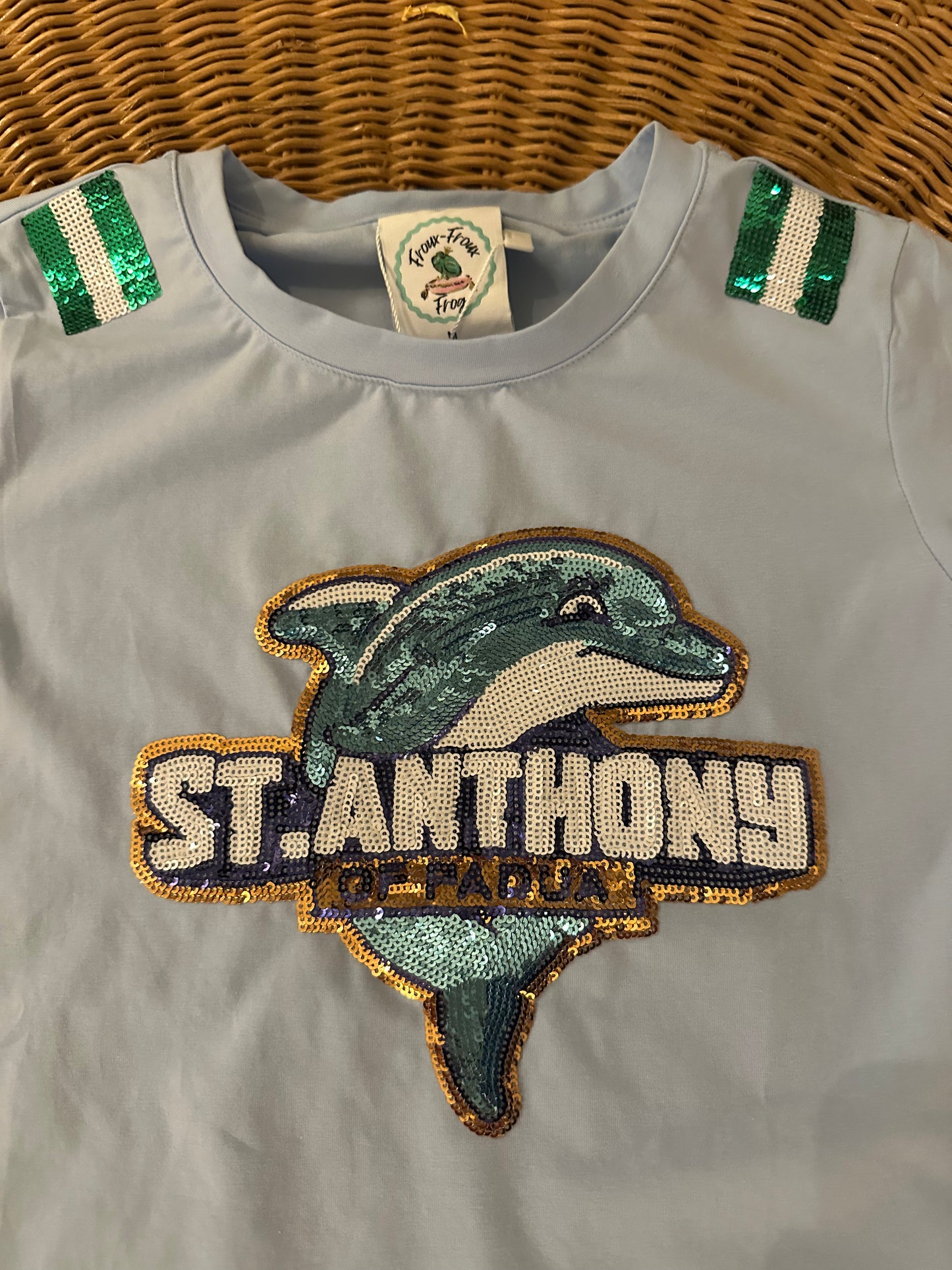 St. Anthony of Padua Sequin Dolphin Spirit Shirt - Light Blue - Adult