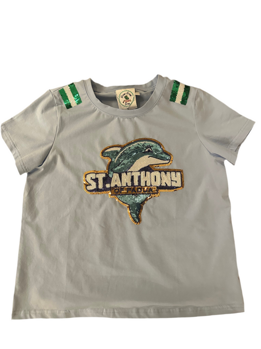St. Anthony of Padua Sequin Dolphin Spirit Shirt – Light Blue - Kids