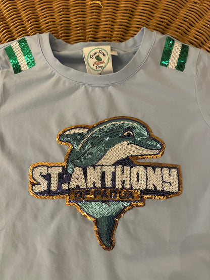 St. Anthony of Padua Sequin Dolphin Spirit Shirt - Light Blue - Adult