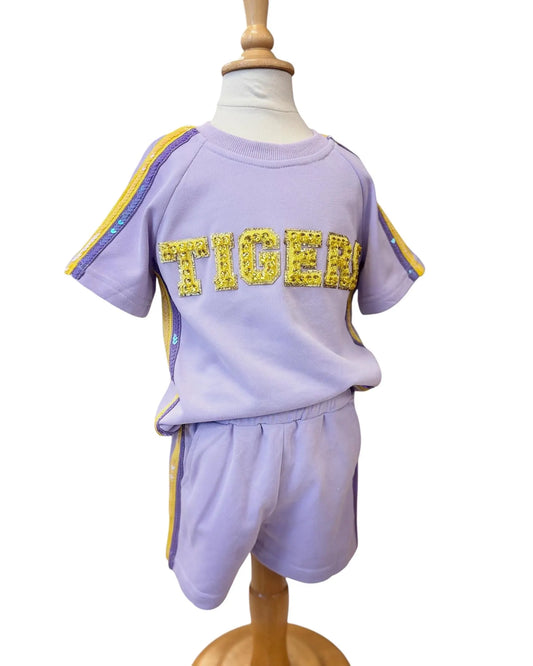 "TIGERS" Sequin and Crystal Set - Lavender & Gold